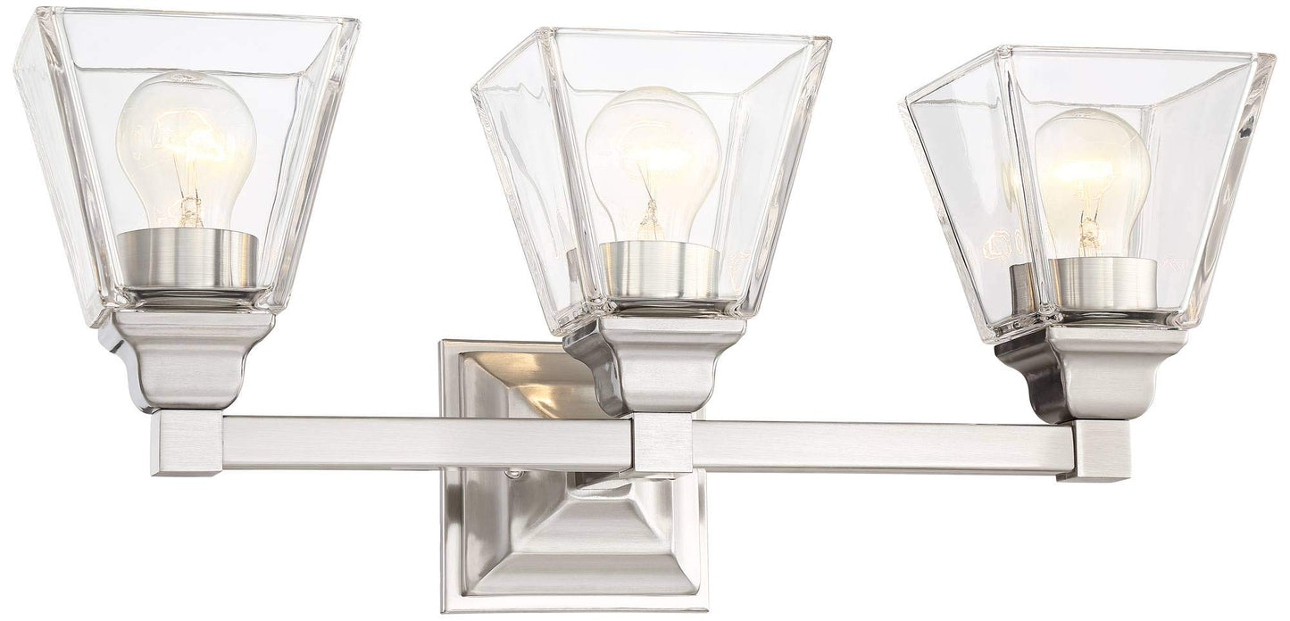 Regency Hill Mencino Mid Century Modern Wall Light Satin Nickel Silver Metal Hardwired 20" Wide 3-Light Fixture Clear Glass Cone Shade for Bathroom