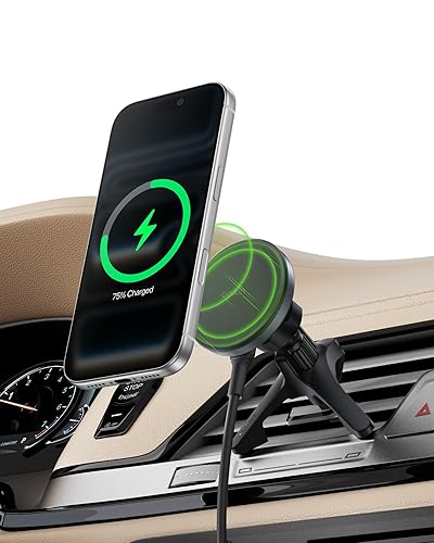 Belkin Wireless Car Charger, Magnetic Car Vent Mount w/ 3.3ft USB C Cable, Qi2 MagSafe Compatible Fast Charging iPhone Charger for iPhone 17, Galaxy