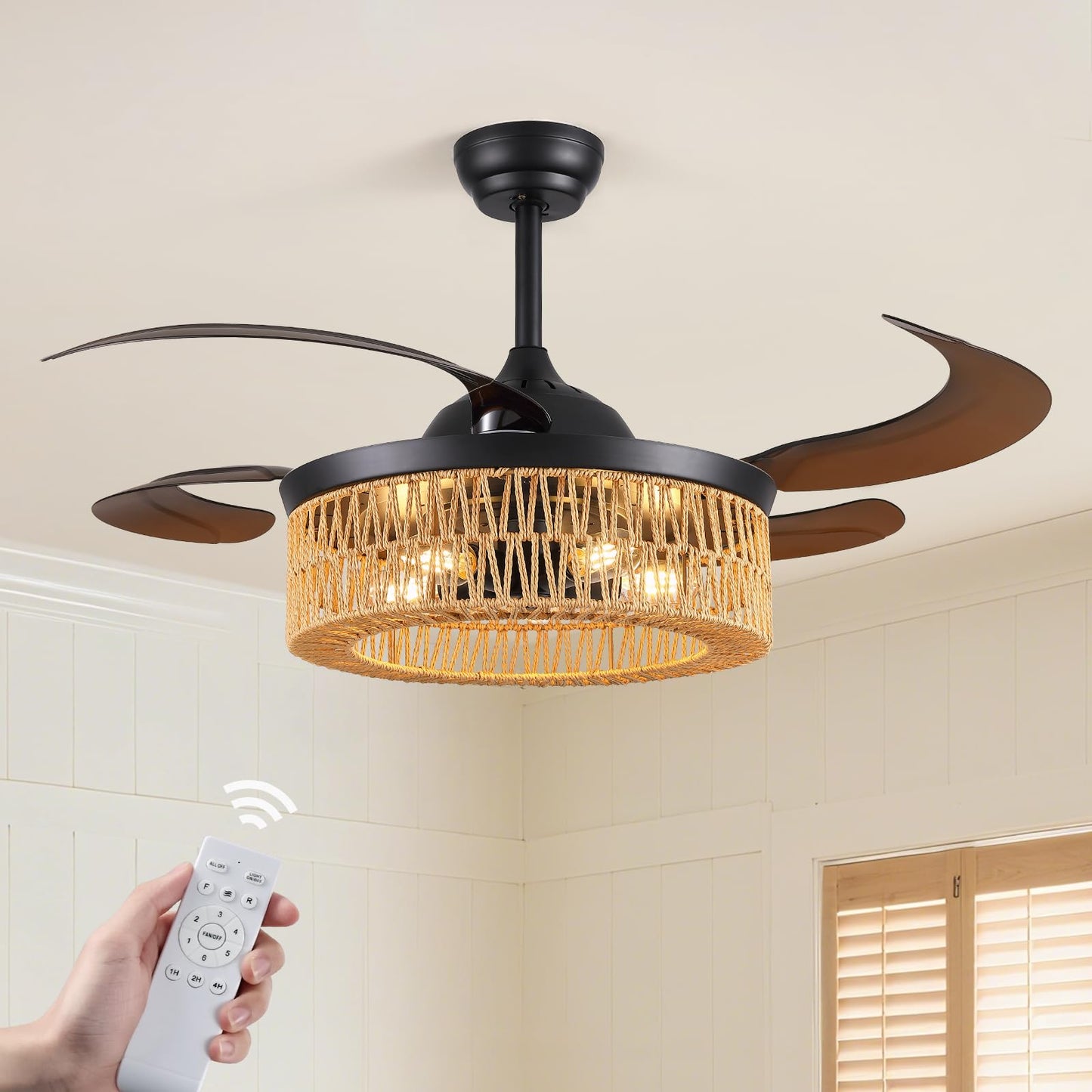48 Inch Retractable Ceiling Fans with Lights and Remote, Boho Caged Farmhouse Ceiling Fan, Invisible Rattan Fandelier with Reversible 6 Speeds,Timer
