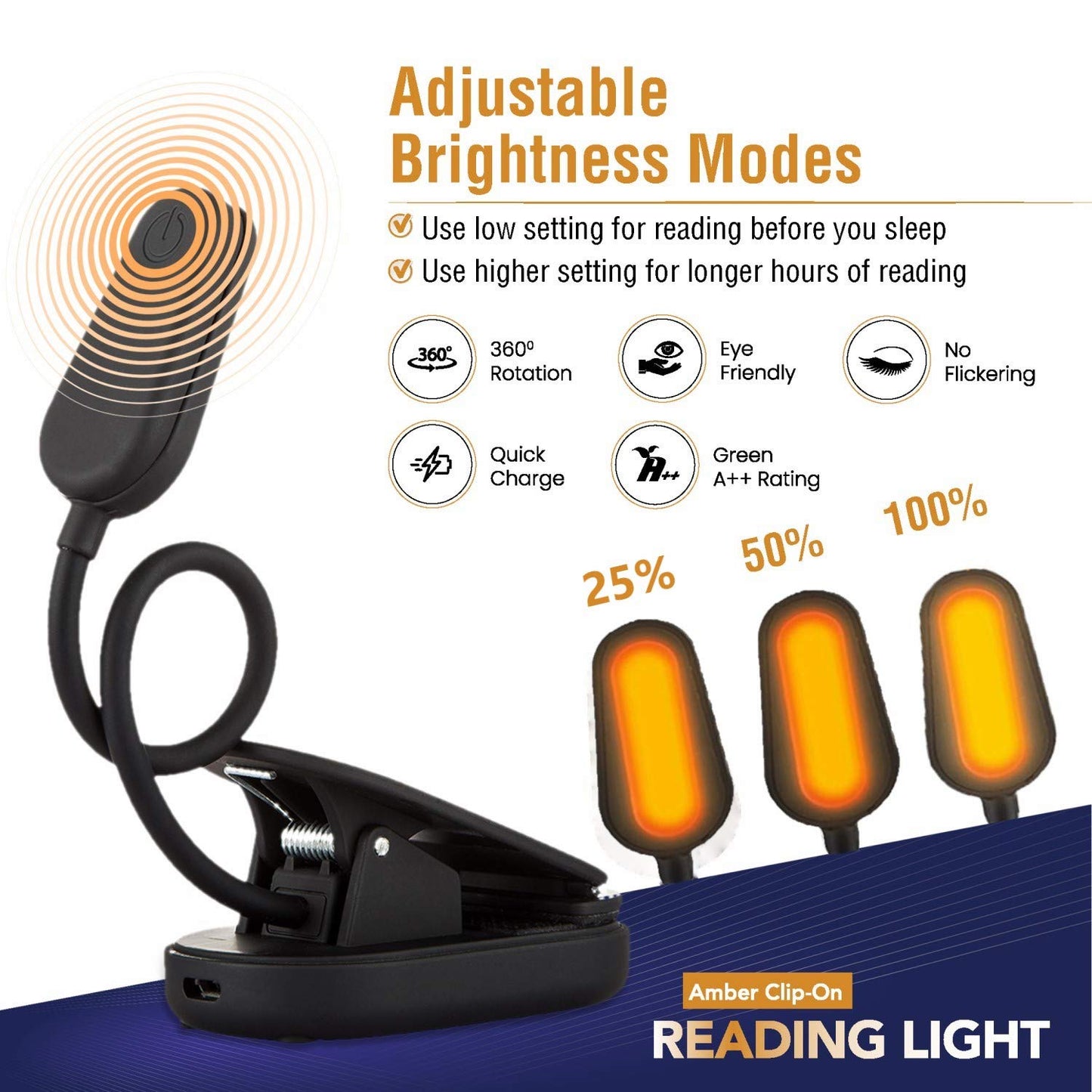 VYANLIGHT Book Light for Reading in Bed, Amber Color Reading Lamp with 360° Rotating Gooseneck, Rechargeable and Dimmable Warm Glow LED Clip-on Light