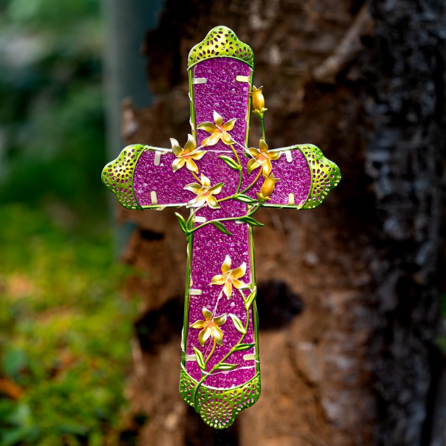 Quterhero Solar Cross Stake for Cemetery Grave, Memorial Grave Decoration with Flowers and LED Light, Outdoor Solar Cross for Lawn Garden Pathway