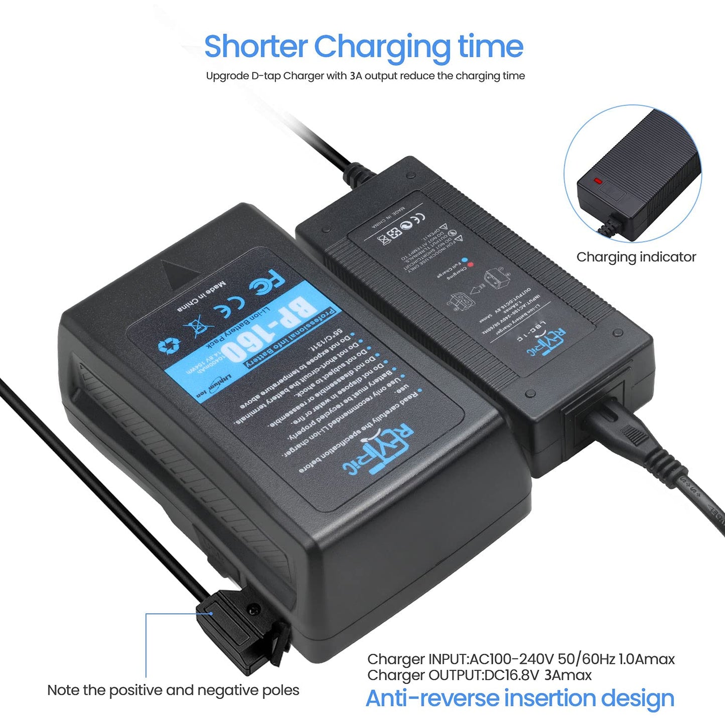 REYTRIC 154Wh(10400mAh) V Mount/V-Lock Battery with D-tap Output Charger and D-Tap Cable Compatible Video Camera Camcorder Broadcast LED Light