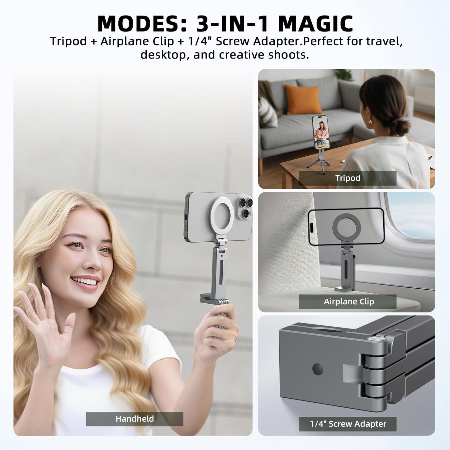Magnetic Tripod for iPhone, Airplane Phone Holder for MagSafe Selfie Stick Adapter Travel Foldable Clip Clamp Plane Desktop Stand for iPhone 17 16 15
