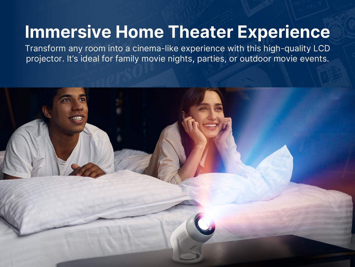 Emerson Mini Projector with WiFi and Bluetooth Native 1080P HD, HDMI, USB, Built-in Speakers, Remote & Case - Portable Movie Projector & Gaming