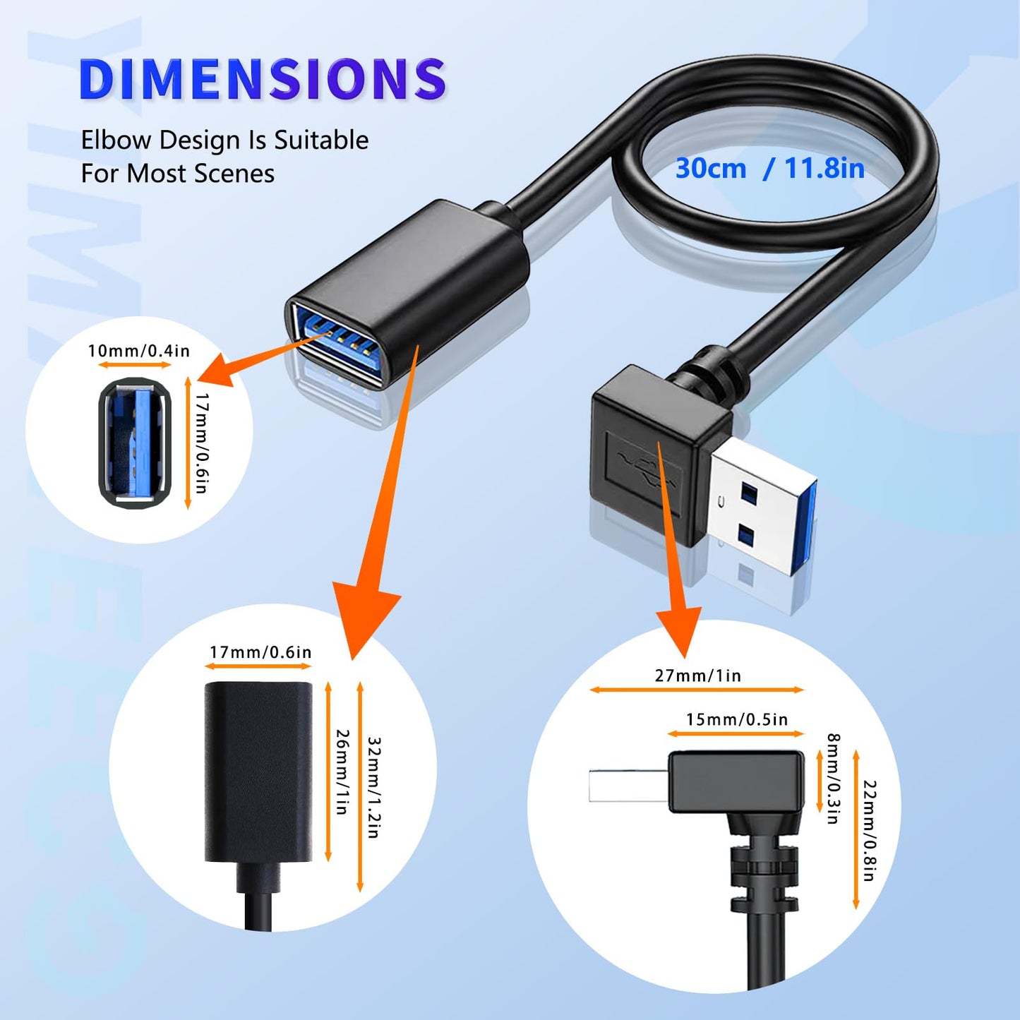 YIMATEECO USB3.0 Extension Cable Up Angle, 11.8 inch USB Male to Female Data Cable, 90 Degree USB Adapter with Gold Plated Contacts for U-SB Flash