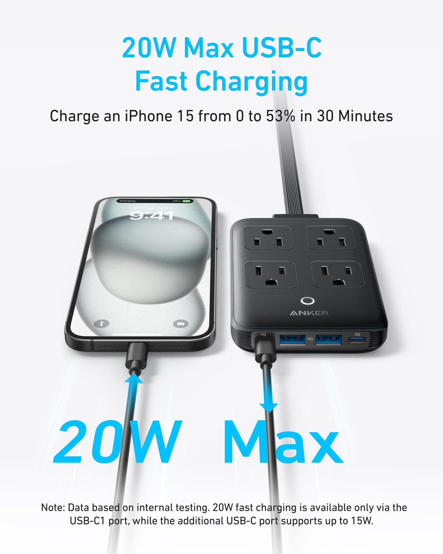 Anker Charging Station, 20W Max 8-in-1 USB-C Power Strip for iPhone 15/14 and MacBook Air/Pro, 5 ft Thin Cord with 4 AC, 2 USB-A, and 2 USB-C Ports