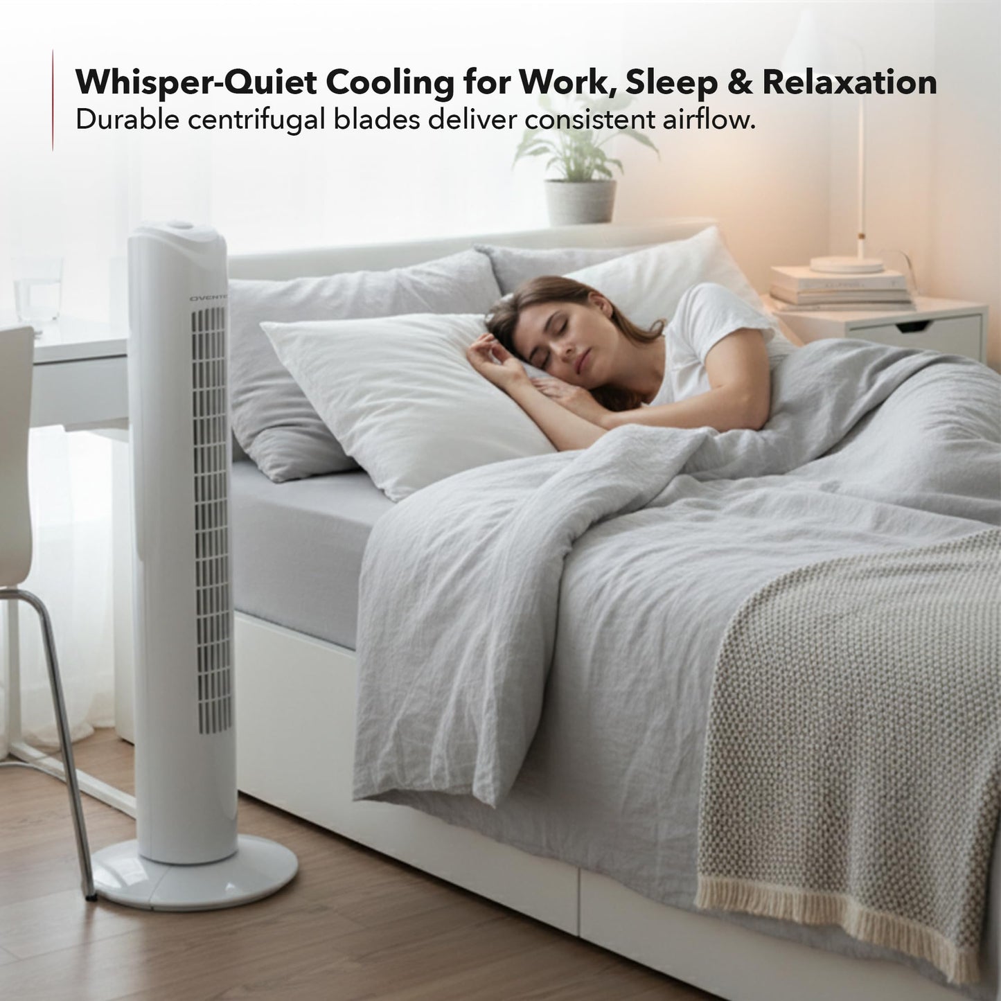OVENTE 32" Bladeless Tower Fan,90° Oscillation, 3 Speeds, White TFO3SW