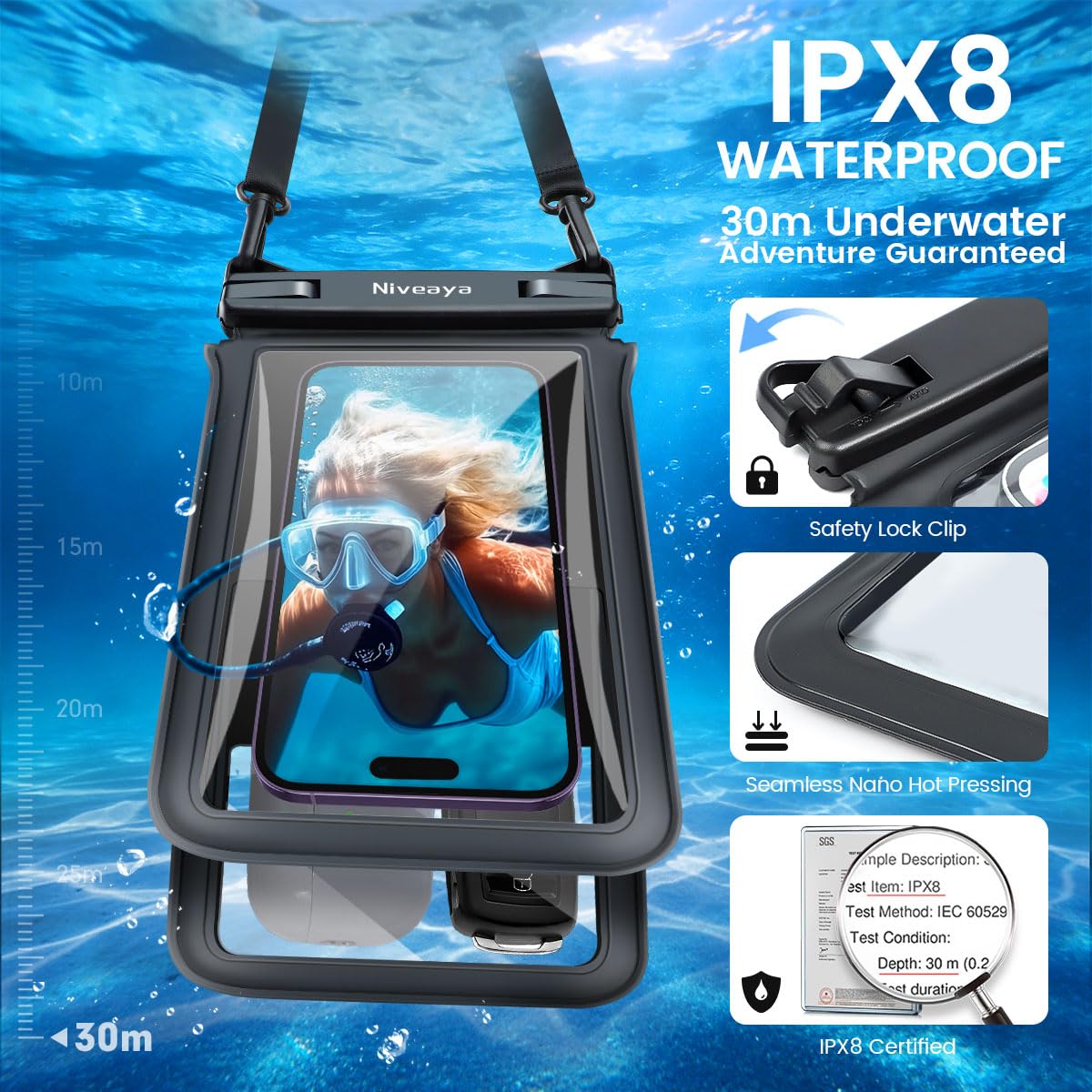 Niveaya Waterproof Phone Pouch - 2 Pcs, IPX8 Double Space Waterproof Phone Case, Accommodates Multiple Cell Phones.