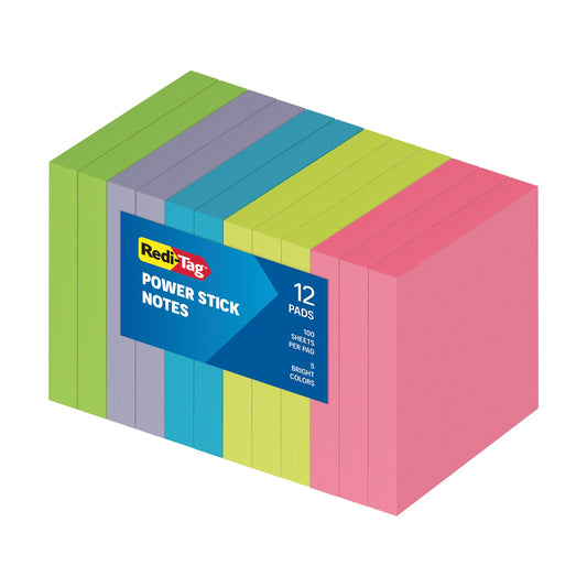 Redi-Tag Sticky Notes, Power Stick Notes, Adhesive Reminders, 3" x 3" Reusable Notes, Strong Adhesive Memos, Assorted Bright Colors, 12 Pack (1000976)
