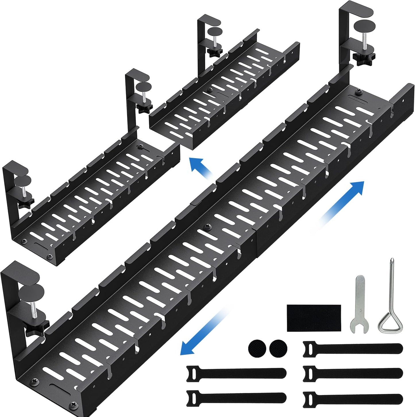 No Drilling Extendable Under Desk Cable Management, Metal Cable Management Tray Under Desk with Clamp, Retractable Power Strip Cord Holder for Wire