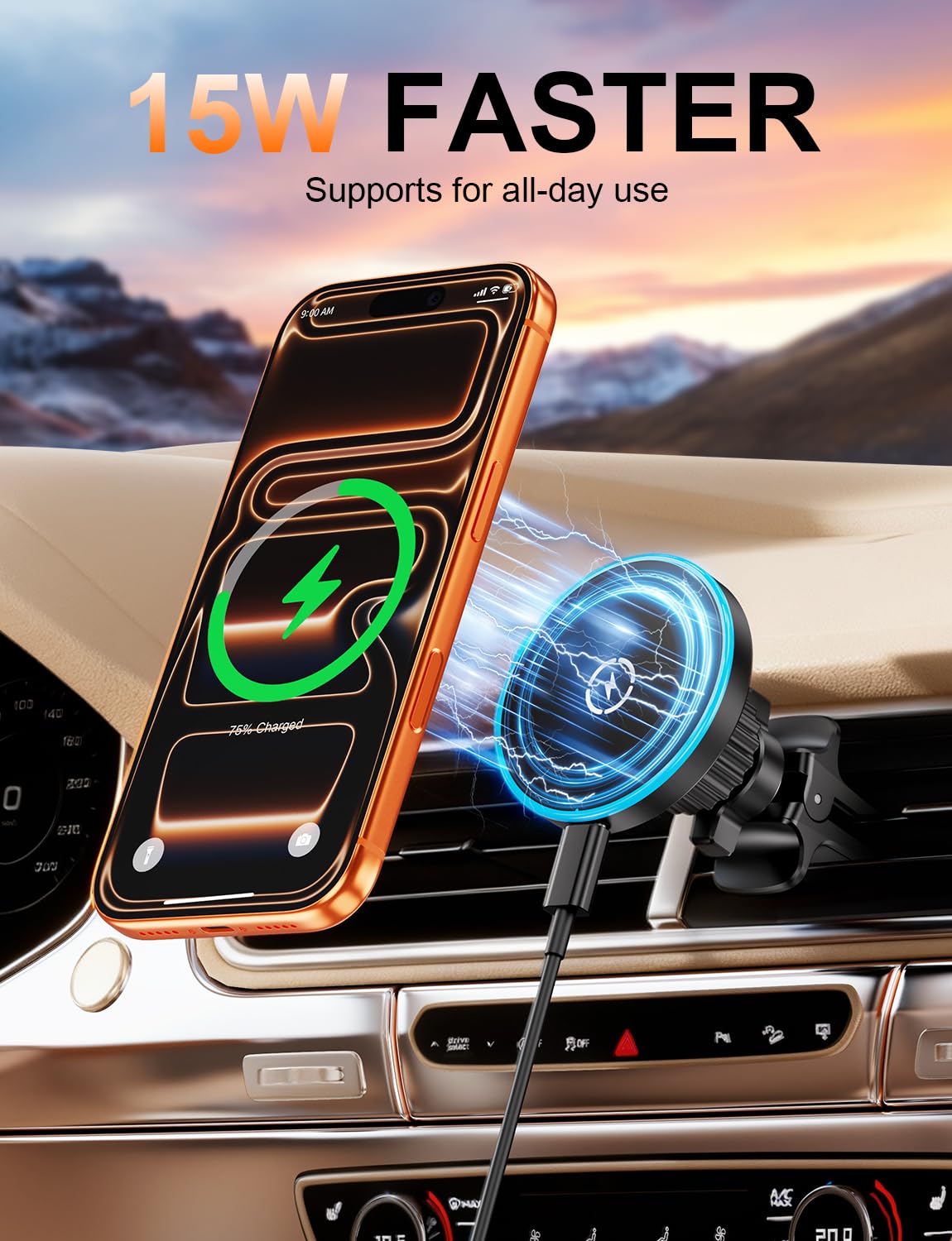 for Magsafe Car Mount Charger, [100% Stable] 15W 2 in1 Magnetic Wireless Car Charger, Vent/Dashboard Phone Holders for Your Car for Women Men Car