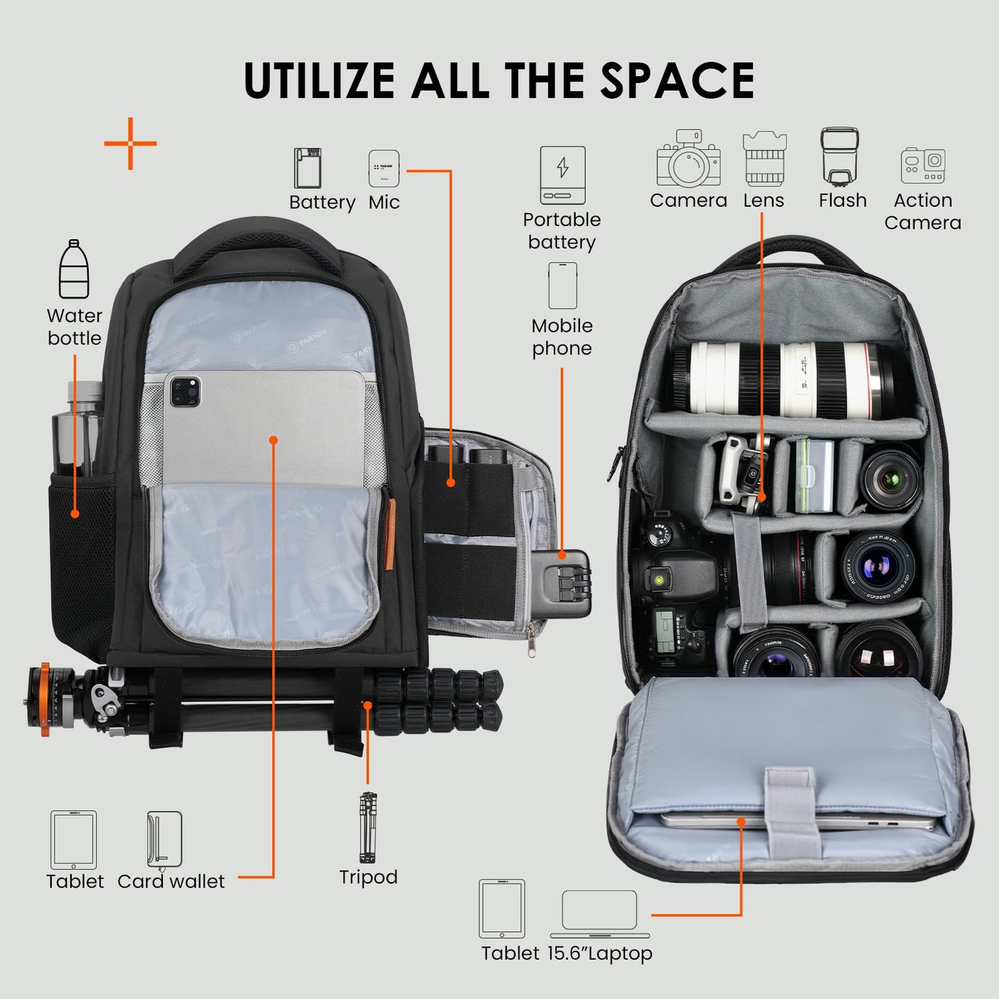 TARION Camera Backpack for Photographers - Compact Camera Bag with 15.6 Inch Laptop Compartment - Side Access Quick Draw - Anti-theft Hidden Pocket