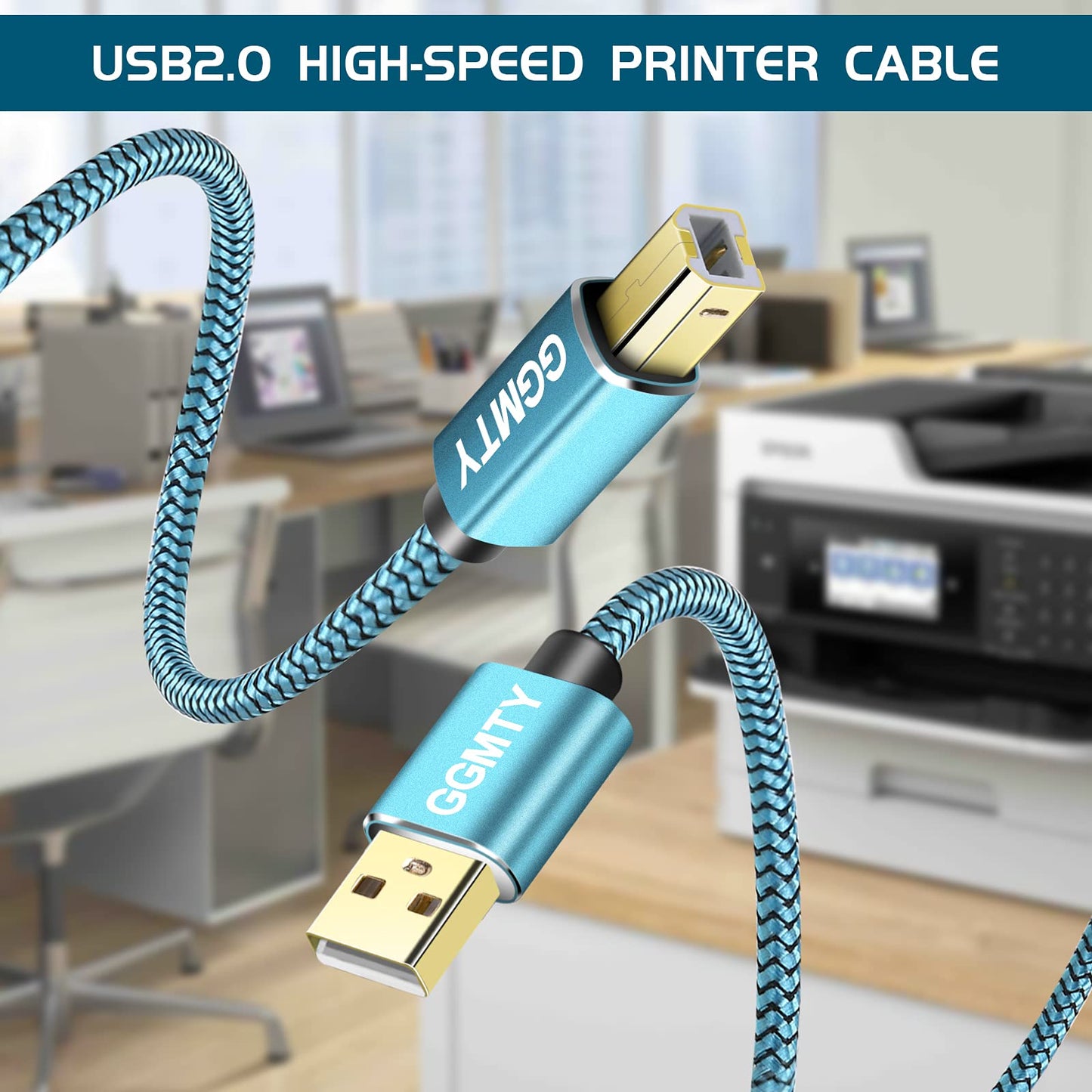 GGMTY 15ft USB Printer Cable - Type A Male to B Male, Compatible with HP, Canon, Dell, Epson, Xerox and More