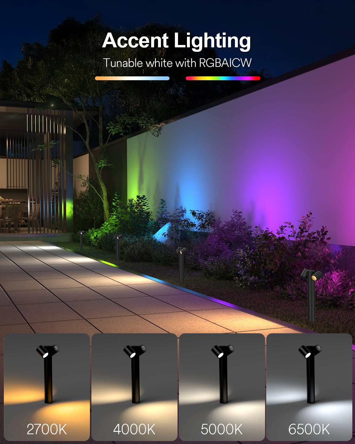 Lumary Smart Pathway Lights Pro 700LM, RGBAICW Color Changing Landscape Lights with 8 Adjustable 355° Spot Lights IP65 Waterproof, 48FT Wired Outdoor