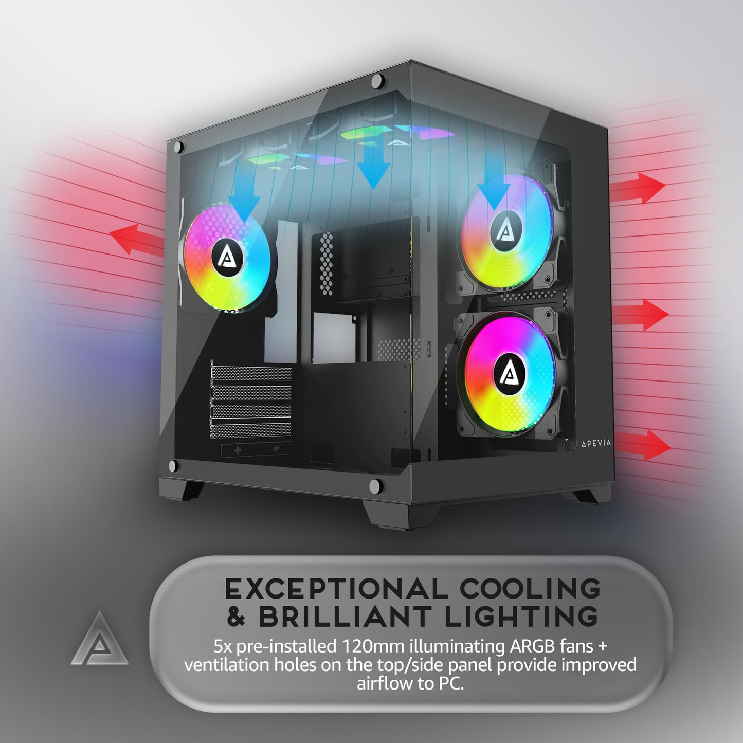 Apevia Prism-BK Prism Micro-ATX Gaming PC Cube Case w/ 5X 120mm ARGB Fans, 366 RGB Modes, Dual Tempered Glass Panels, 240mm Radiator Support, 1X