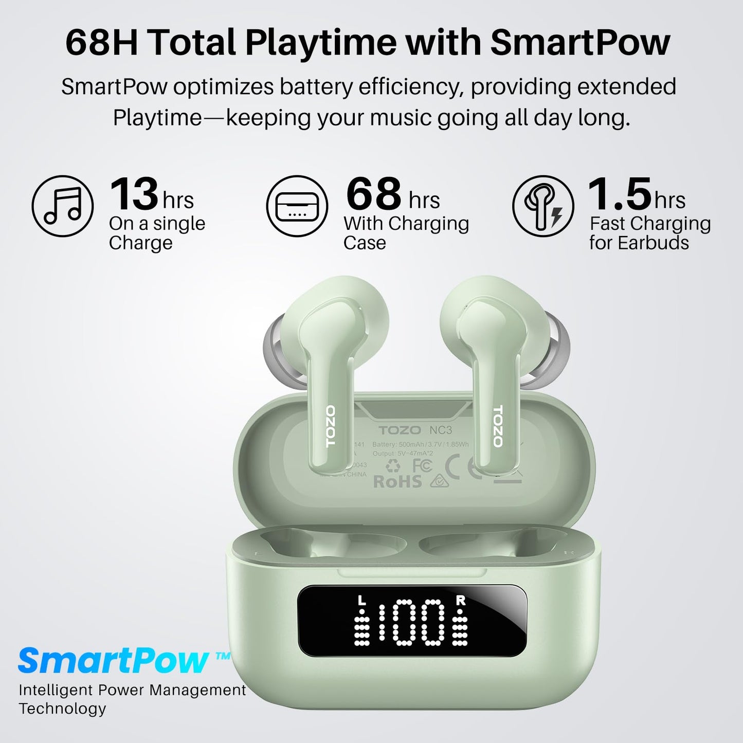 TOZO Hybrid Active Noise Cancelling in Ear Wireless Earbuds, 68H Playtime