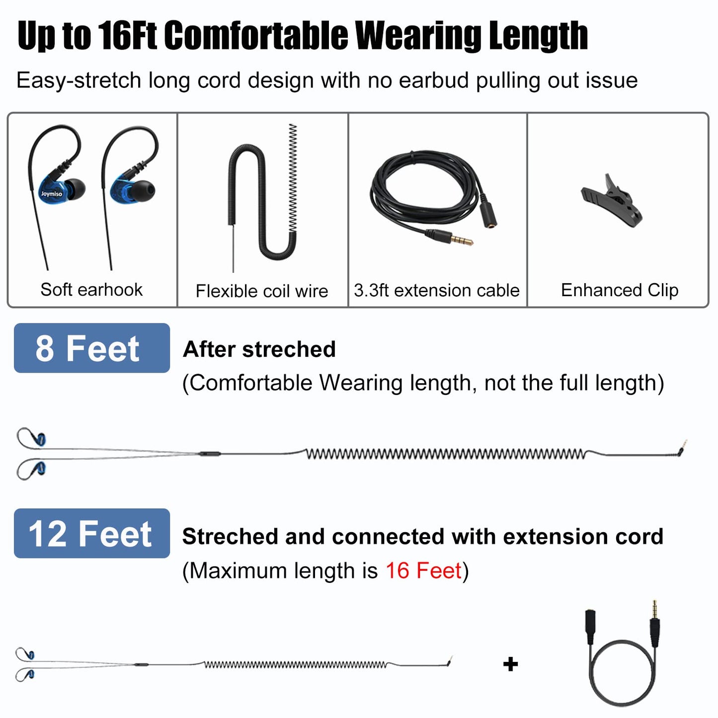 Joymiso 16Ft Extra Long Cord Earbuds Headphones for TV PC Laptop with Mic, Volume Control, Spring Coil Wire & Extension Cable, 3.5mm Wired Over Ear…
