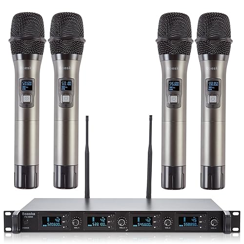 Boeska Wireless Microphone System, 4-Channel UHF Wireless Mic, Fixed Frequency Metal Cordless Mic with 4 Handheld Dynamic Microphones, 200ft Range