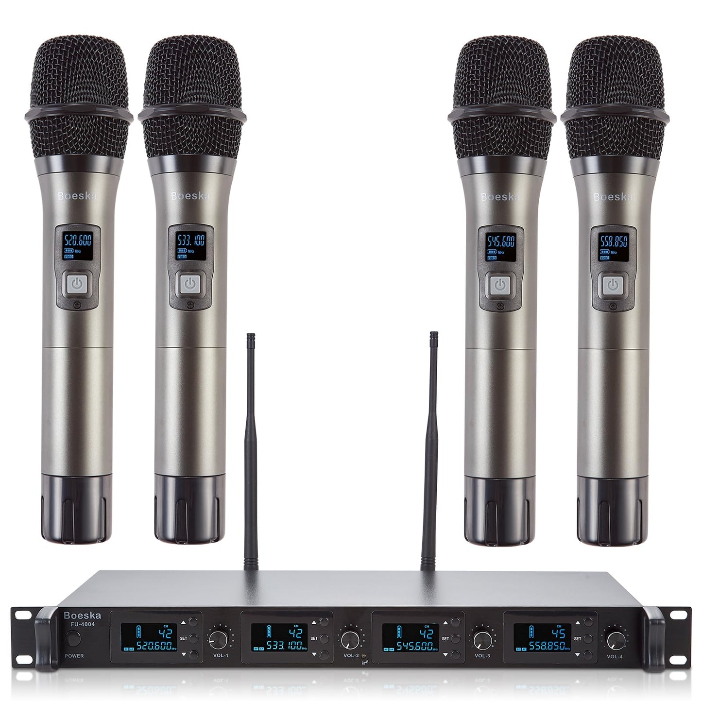 Boeska Wireless Microphone System, 4-Channel UHF Wireless Mic, Fixed Frequency Metal Cordless Mic with 4 Handheld Dynamic Microphones, 200ft Range