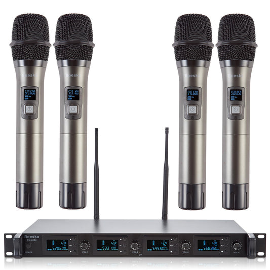 Boeska Wireless Microphone System, 4-Channel UHF Wireless Mic, Fixed Frequency Metal Cordless Mic with 4 Handheld Dynamic Microphones, 200ft Range