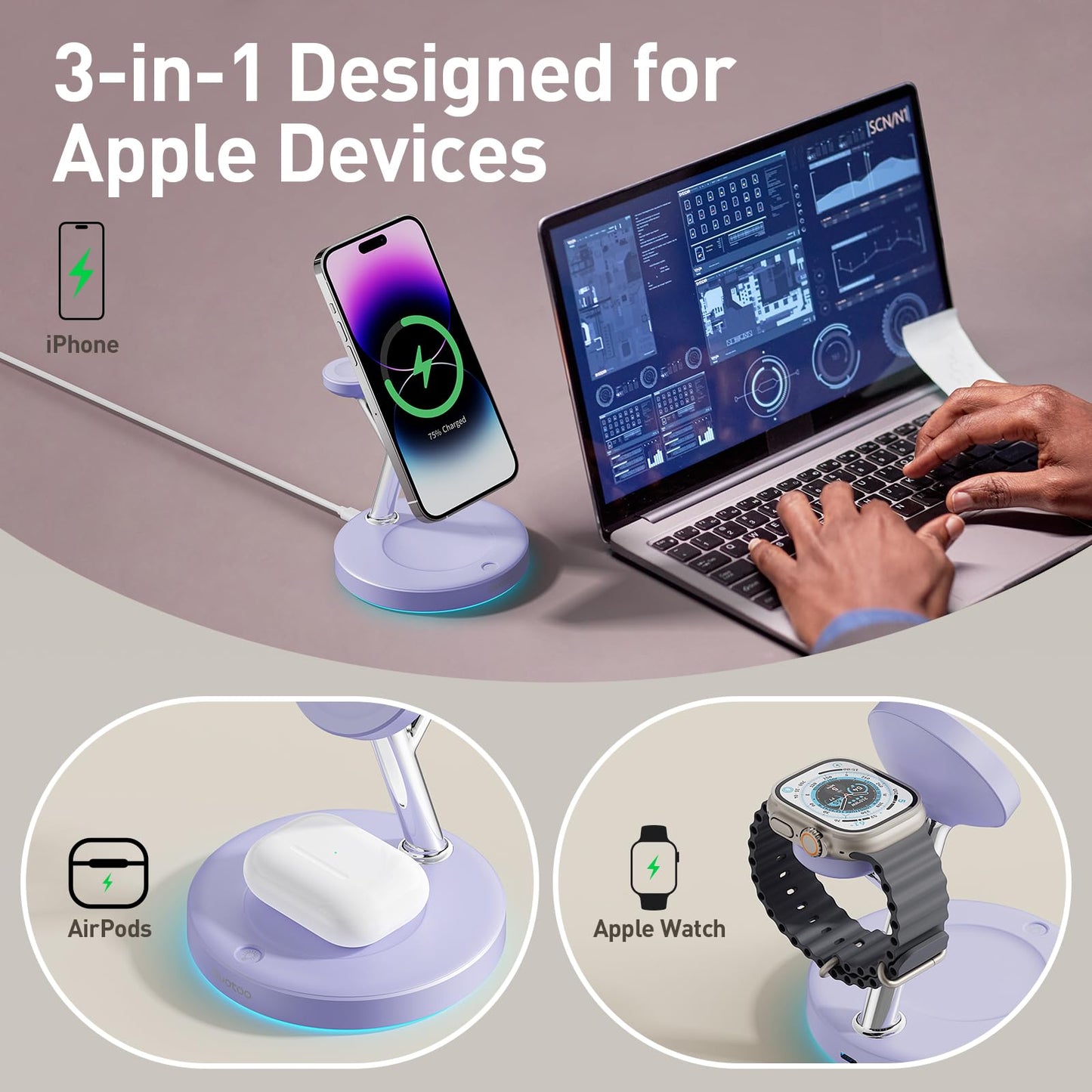 ?Adjustable Blue Ambient Light? Wireless Charger 3 in 1 for iPhone, Magnetic Charging Station for Apple Family,15W Fast MagSafe Charger