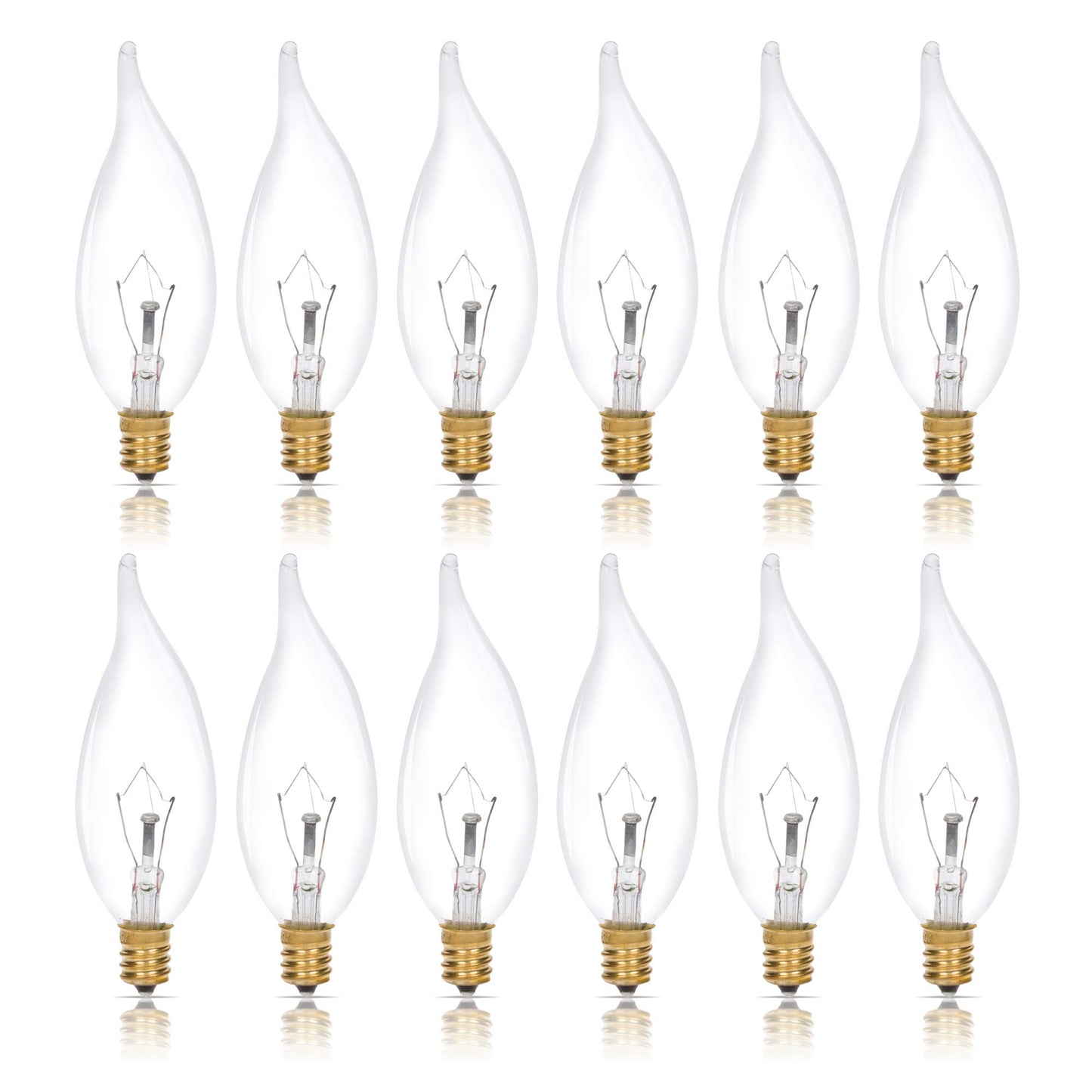 Simba Lighting Candelabra Flame Tip Clear CA10 25W E12 Base 120V, 12 Pack