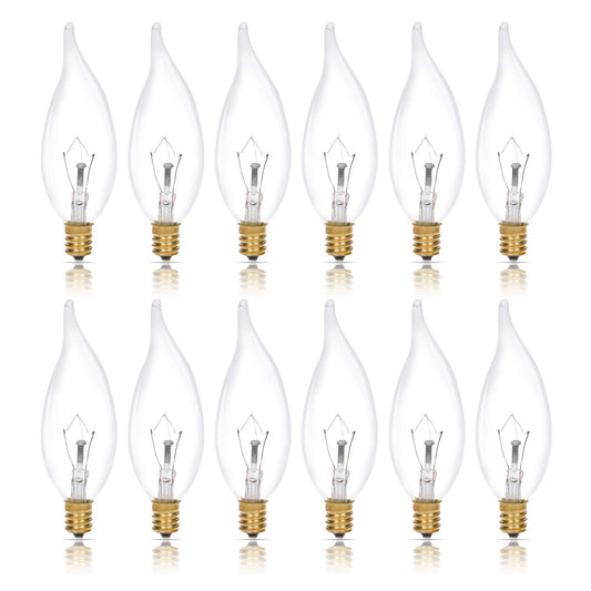 Simba Lighting Candelabra Flame Tip Clear CA10 25W E12 Base 120V, 12 Pack