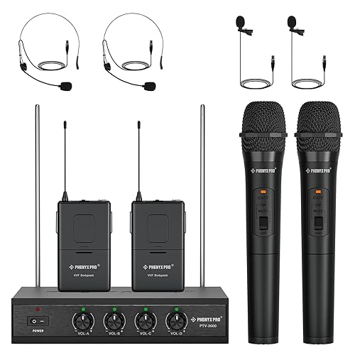 Phenyx Pro Wireless Microphone System, 4-Channel VHF Wireless Microphone Set with 2 Handhelds/2 Bodypacks/2 Lapels/ 2 Headset, Metal Receiver
