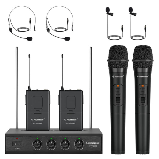 Phenyx Pro Wireless Microphone System, 4-Channel VHF Wireless Microphone Set with 2 Handhelds/2 Bodypacks/2 Lapels/ 2 Headset, Metal Receiver