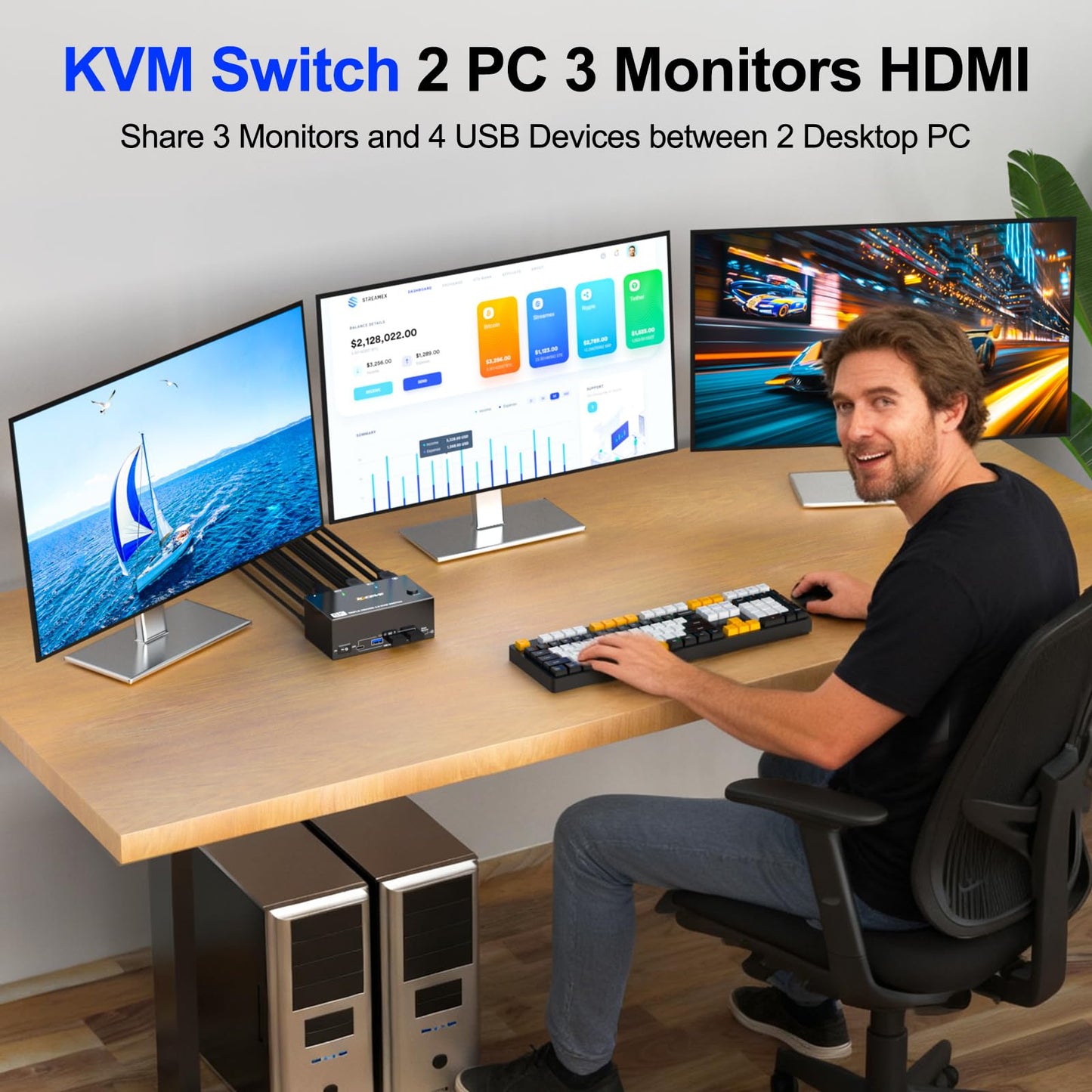KCEVE KVM Switch 3 Monitors 2 Computers HDMI 8K@60Hz 4K@144Hz, USB 3.0 KVM Switch Triple Monitor for 2 Computer Share 4 USB 3.0 Devices Mouse