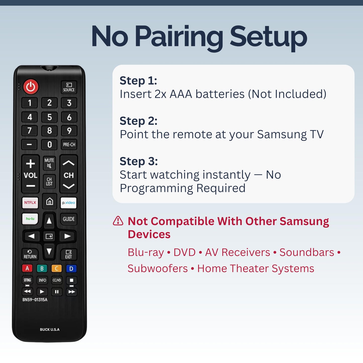 Universal Samsung TV Remote Control Replacement for Smart TV - Easy Setup, Durable Design, Universal Infrared Remote, Streaming Shortcuts - Works