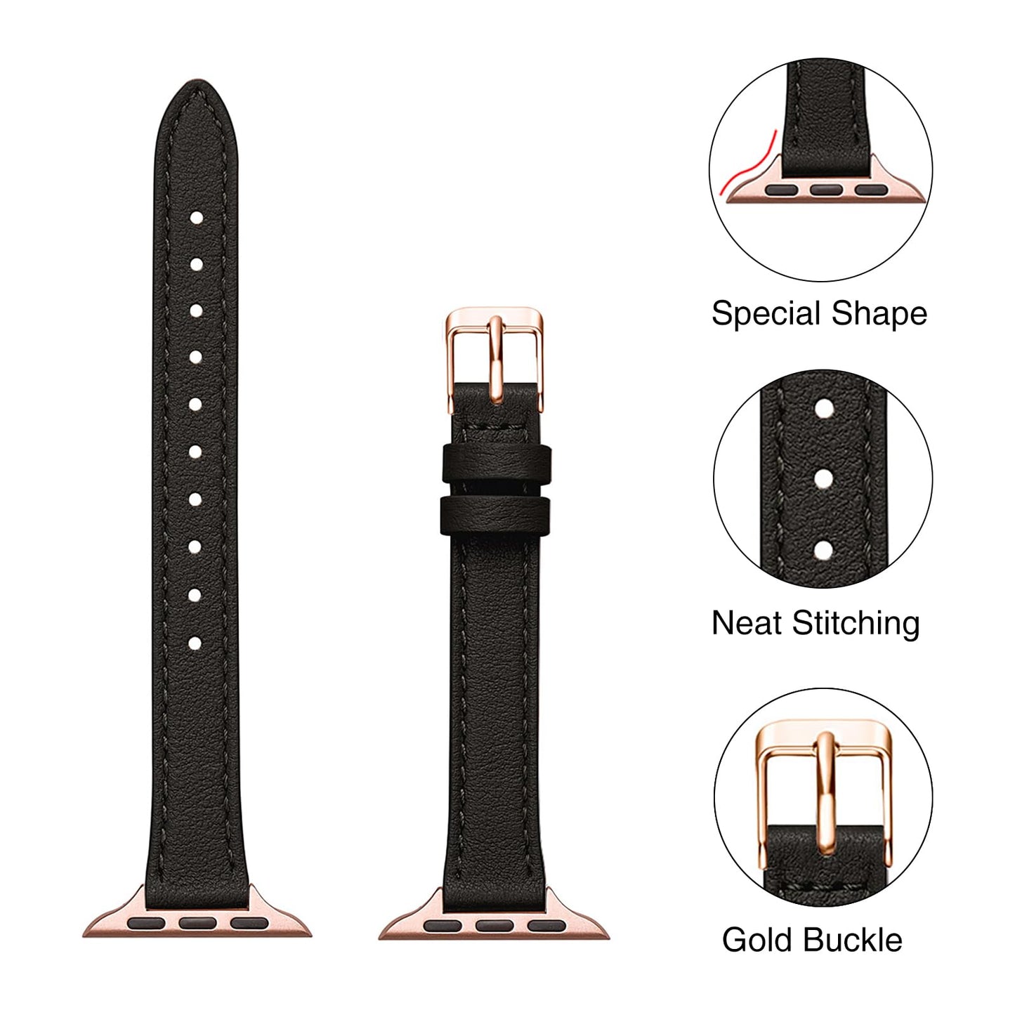 STIROLL Slim Leather Bands Compatible with Apple Watch Band 38mm 40mm 41mm 42mm(Series 11 10), Top Grain Leather Watch Thin Wristband for iWatch SE 9