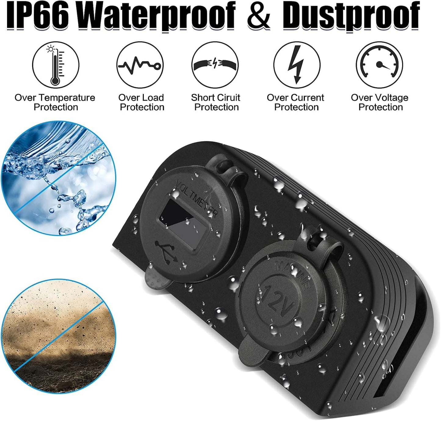 [Upgraded] Tent Type Panel 12V USB Outlet, Quick Charge PD3.0& Dual USB 3.0 Car Charger with LED Voltmeter & Switch+12V/24V Cigarette Lighter Socket
