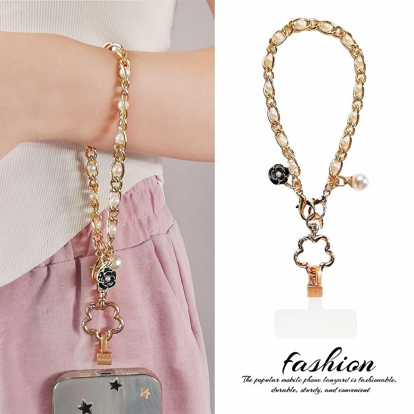 Fancy Pearl Cell Phone Wrist Strap for Women - Elegant Gold Chain Lanyard for iPhone 17 Pro Max & Most Smartphones, Detachable Cellphone Wristlet