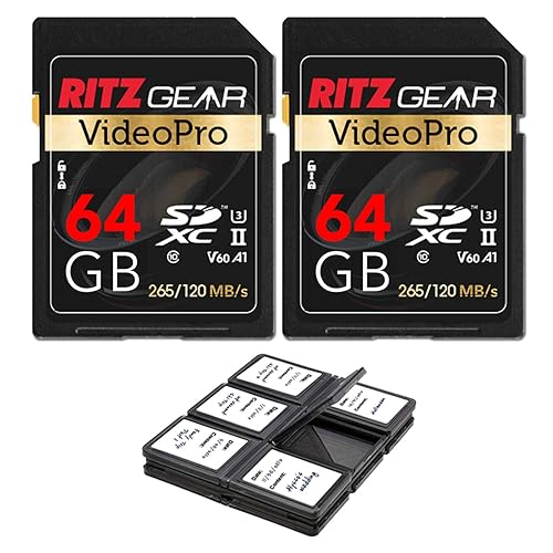 Ritz Gear UHS-II 64GB SDXC Memory SD Card U3 V60 A1, Extreme Performance Professional Sd-Card 2-Pack (R 265mb/s 120mb/s Write). Works with Canon EOS