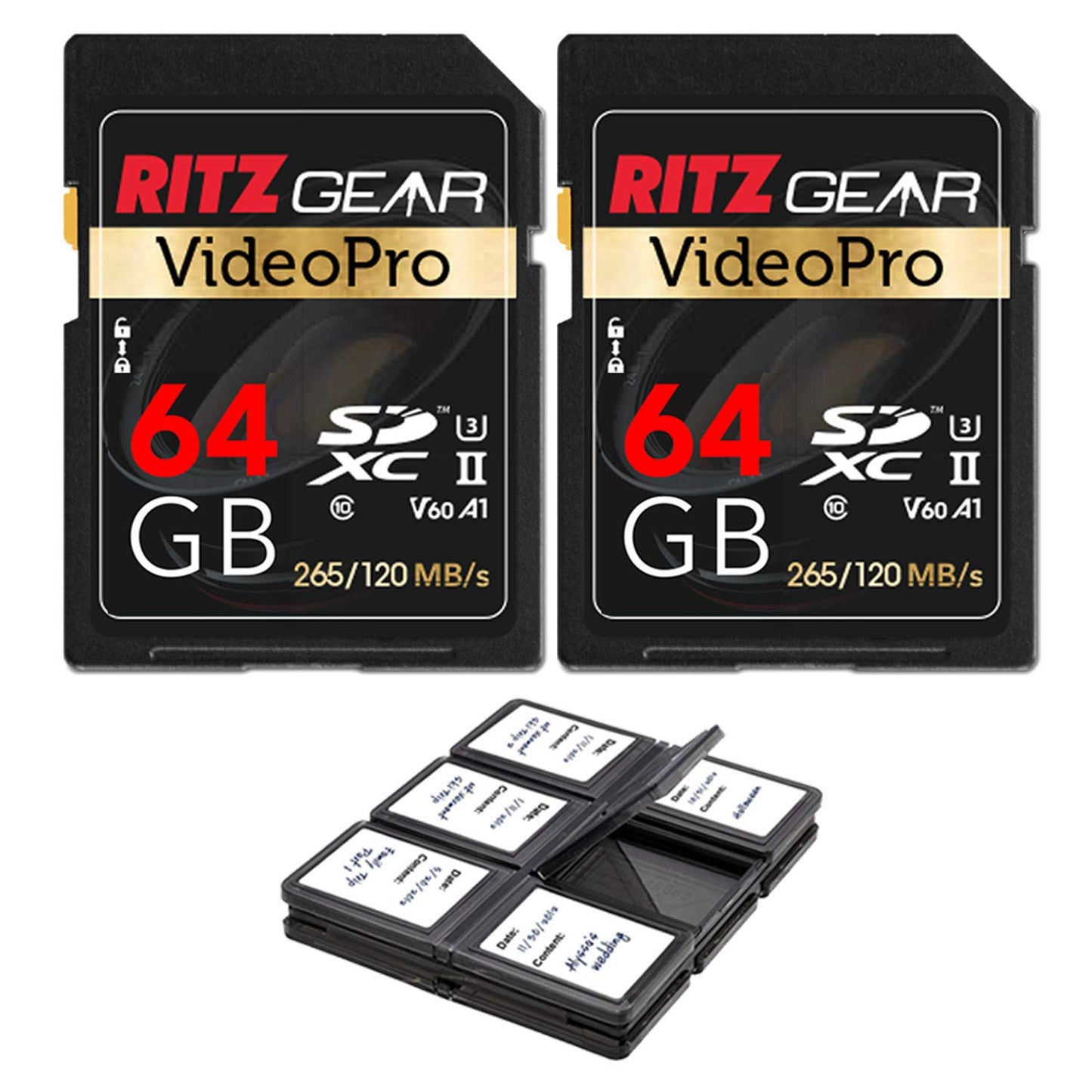 Ritz Gear UHS-II 64GB SDXC Memory SD Card U3 V60 A1, Extreme Performance Professional Sd-Card 2-Pack (R 265mb/s 120mb/s Write). Works with Canon EOS