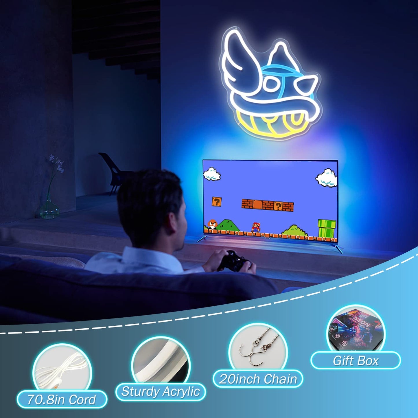 Blue Shell Neon Sign Gaming Neon Sign from Game Room Decor Dimmable Blue Shell Neon Game Decor Lights up Sign for Kids Man Cave Wall Gamer Gifts