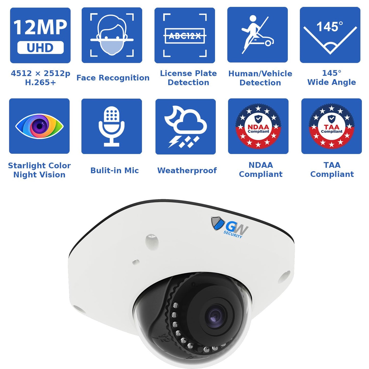 GW Security 8 Channel 12MP 4K @30FPS Face Recognition PoE Security Camera System with 6 x 12MP (4512x2512) IP Color Night Vision Waterproof Microphone