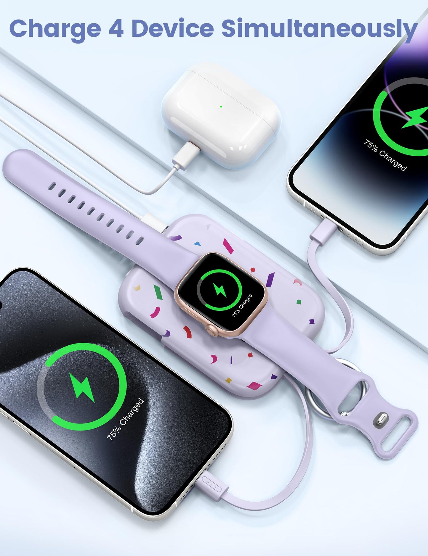 RORRY CharmGo Portable Charger, 5000mAh Portable Charger Power Bank with Built-in Cables, Travel Keychain Battery Pack for Apple Watch and iPhone
