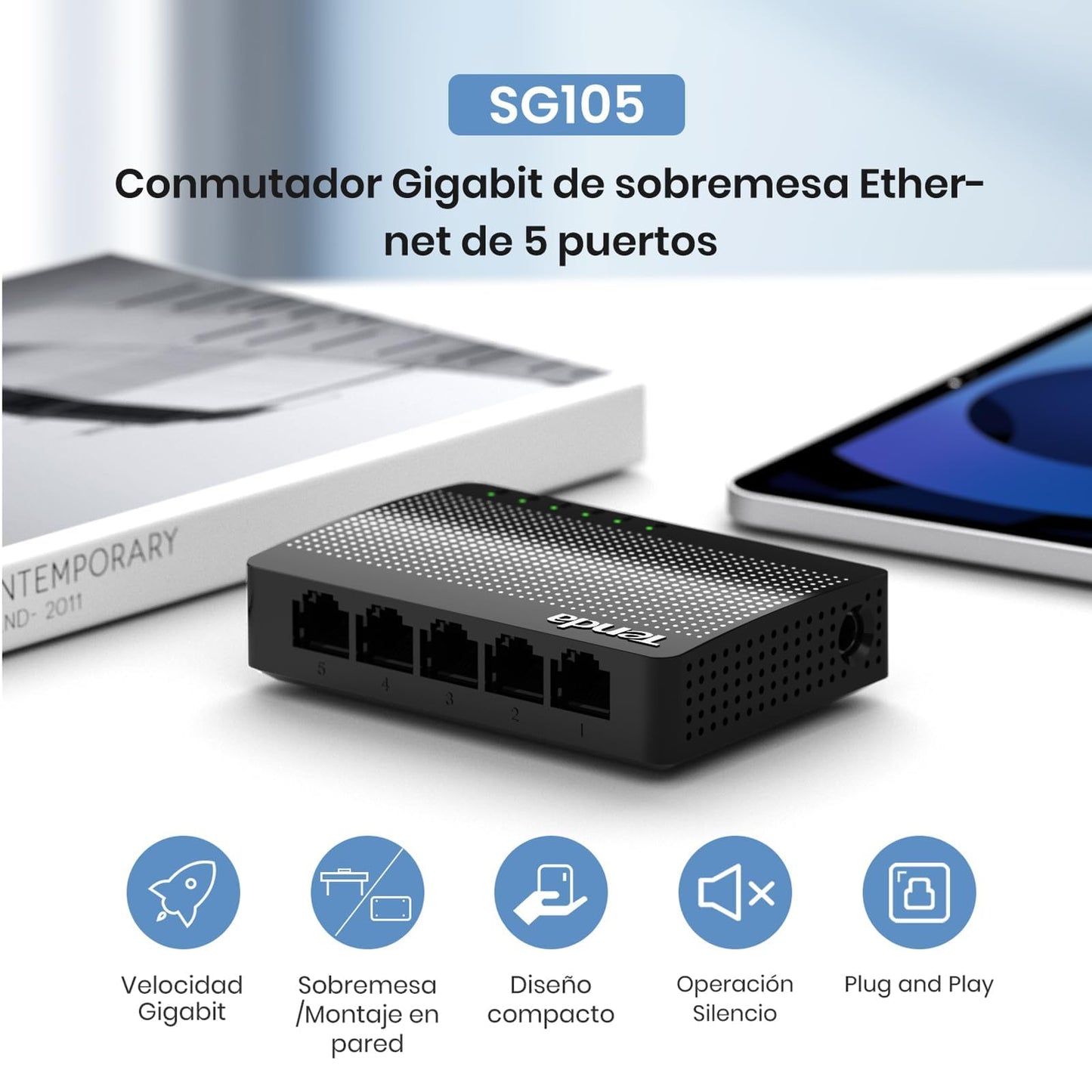 Tenda SG105, 5 Port Gigabit Switch, Unmanaged Home Ethernet Switch, Office Ethernet Splitter, Plug & Play, Plastic Case, Desktop/ Wall-Mount, Fanless
