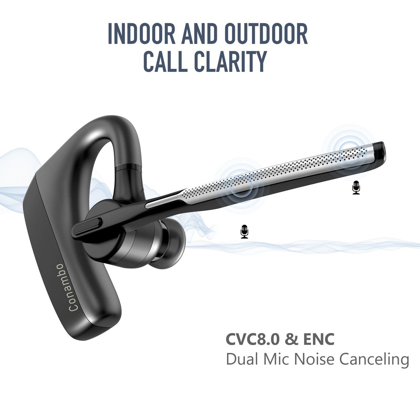 Conambo Bluetooth Headset with Dual Mic Noise Canceling & Mute Button Wireless Earpiece 16 Hrs Talking for Home Office Trucker - Compatible