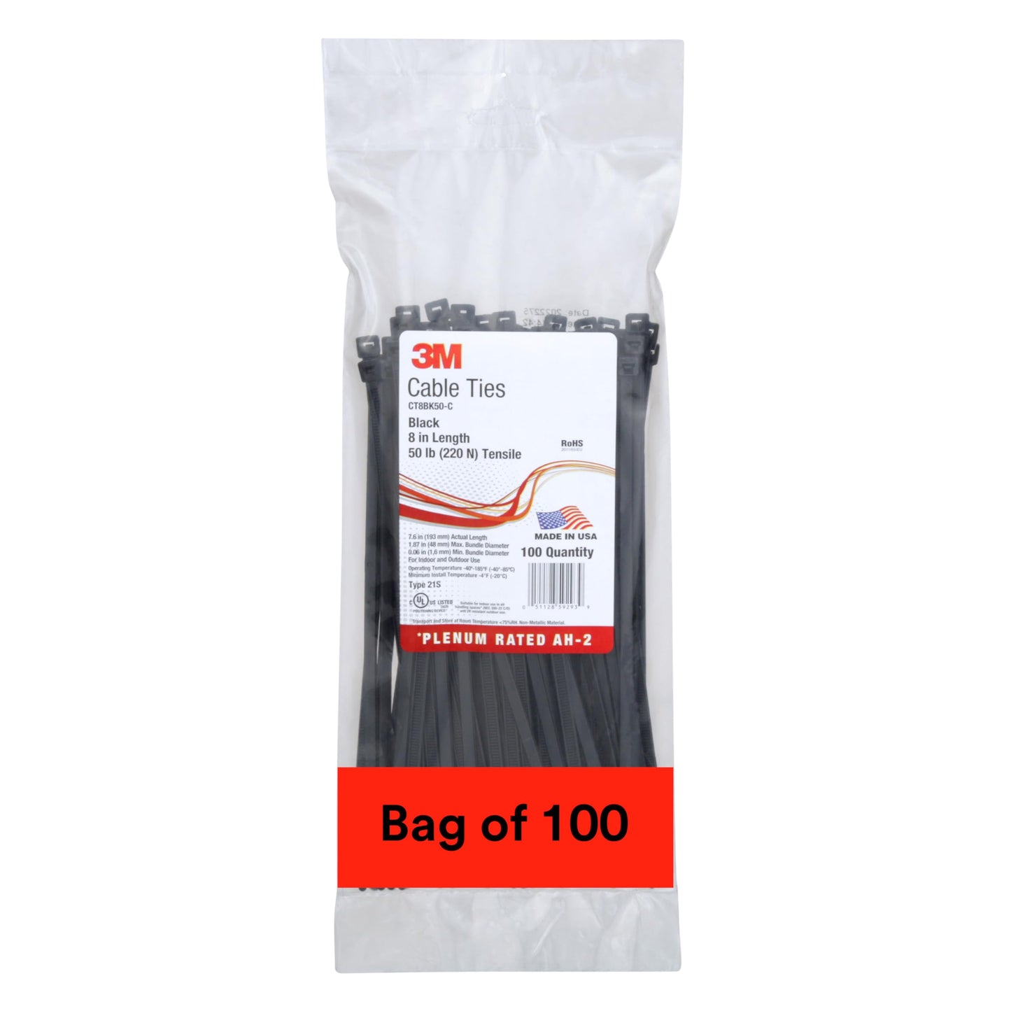 3M Cable Tie, Black, 50 lb Tensile Strength, 8", Black, Bag of 100 Pieces of Standard Nylon Cable Ties