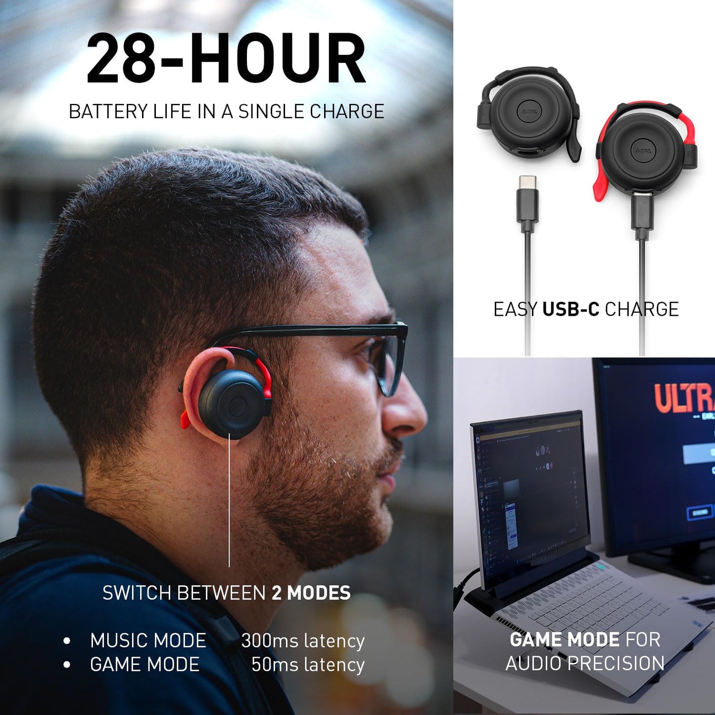 ADV. Over Ear Wireless Headphones - Spider On-Ear Bluetooth Headphone with Mic, 30mm Driver, HiFi Sound, Secure Fit, Game/Music Mode, Low Latency