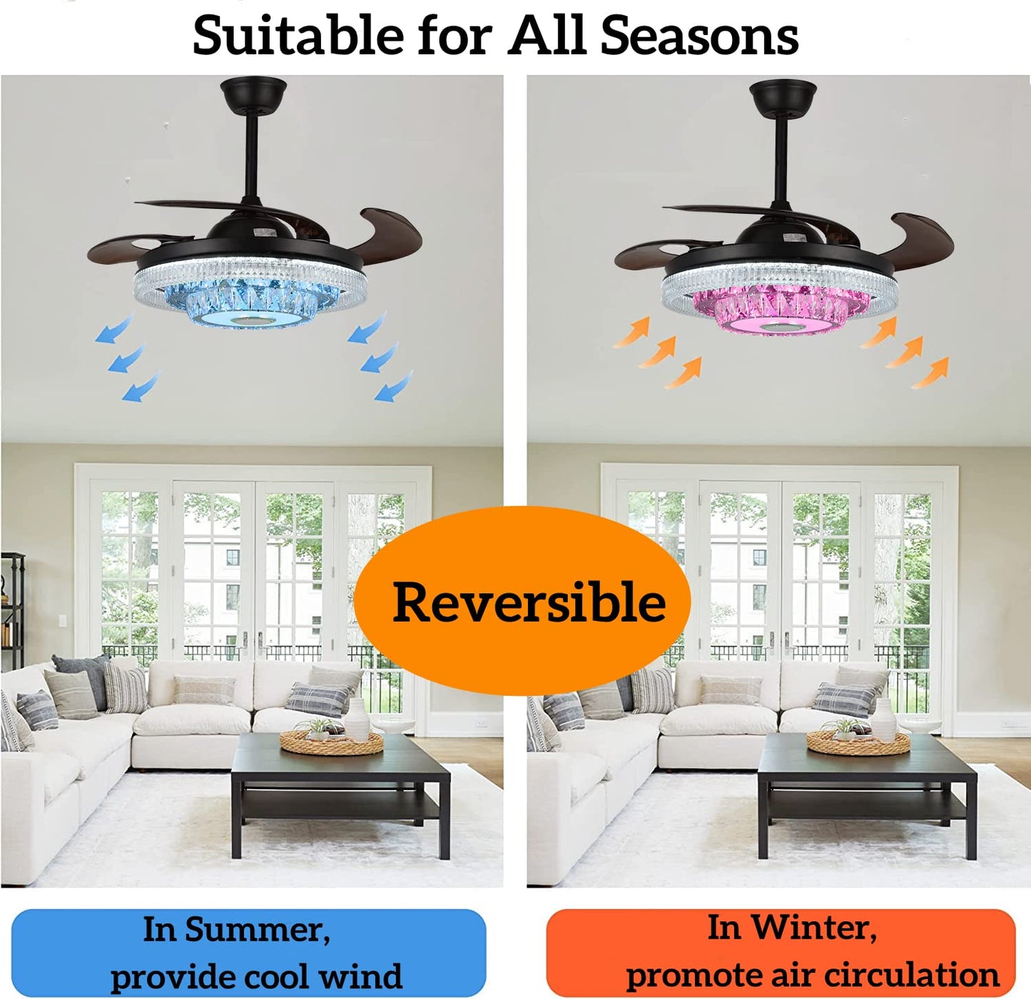 efperfect 42" Reversible Fandelier Ceiling Fan with Lights Bluetooth Speaker, Smart 7 Color Dimmable Crystal Chandelier with Remote Control, 6-Speeds