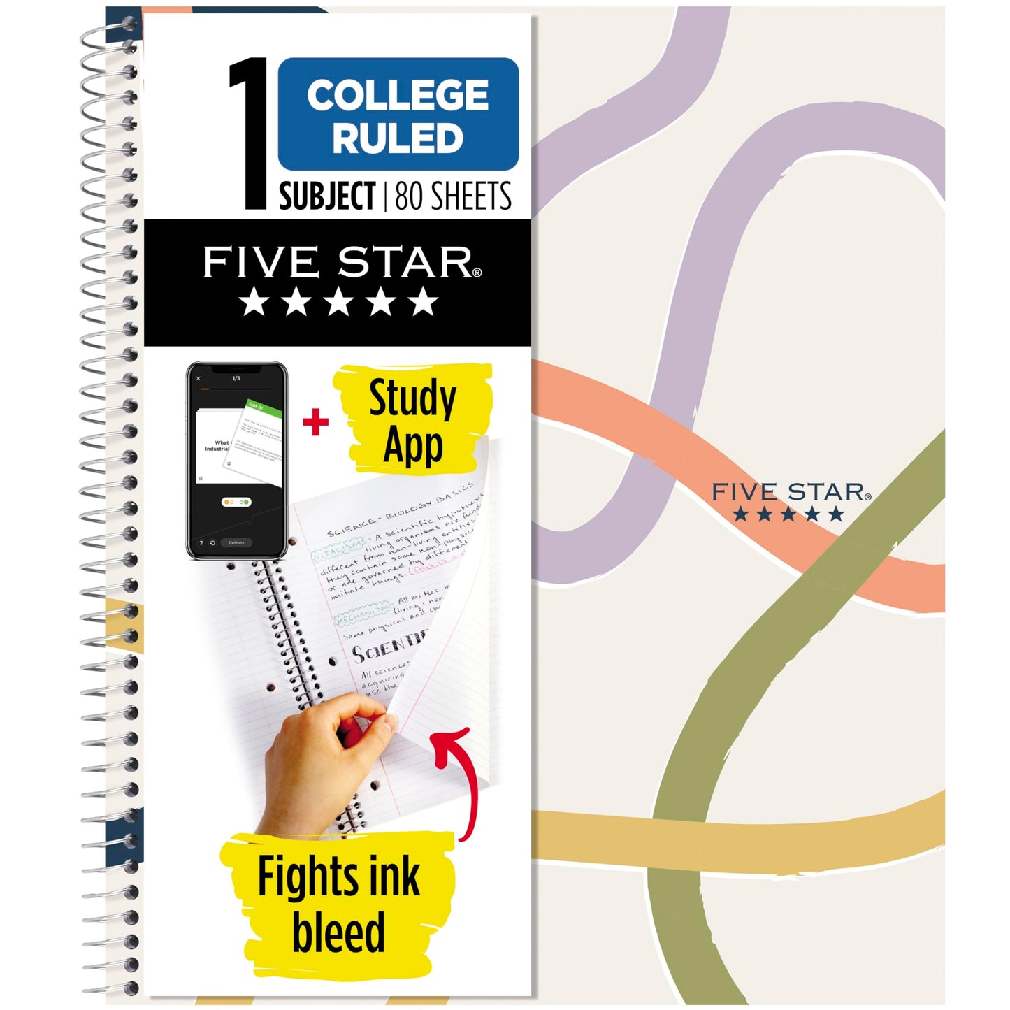 Five Star Spiral Notebook + Study App, 1 Subject, College Ruled, 8-1/2" x 11", 80 Sheets, Fights Ink Bleed, Water Resistant Covers, Organic Lines
