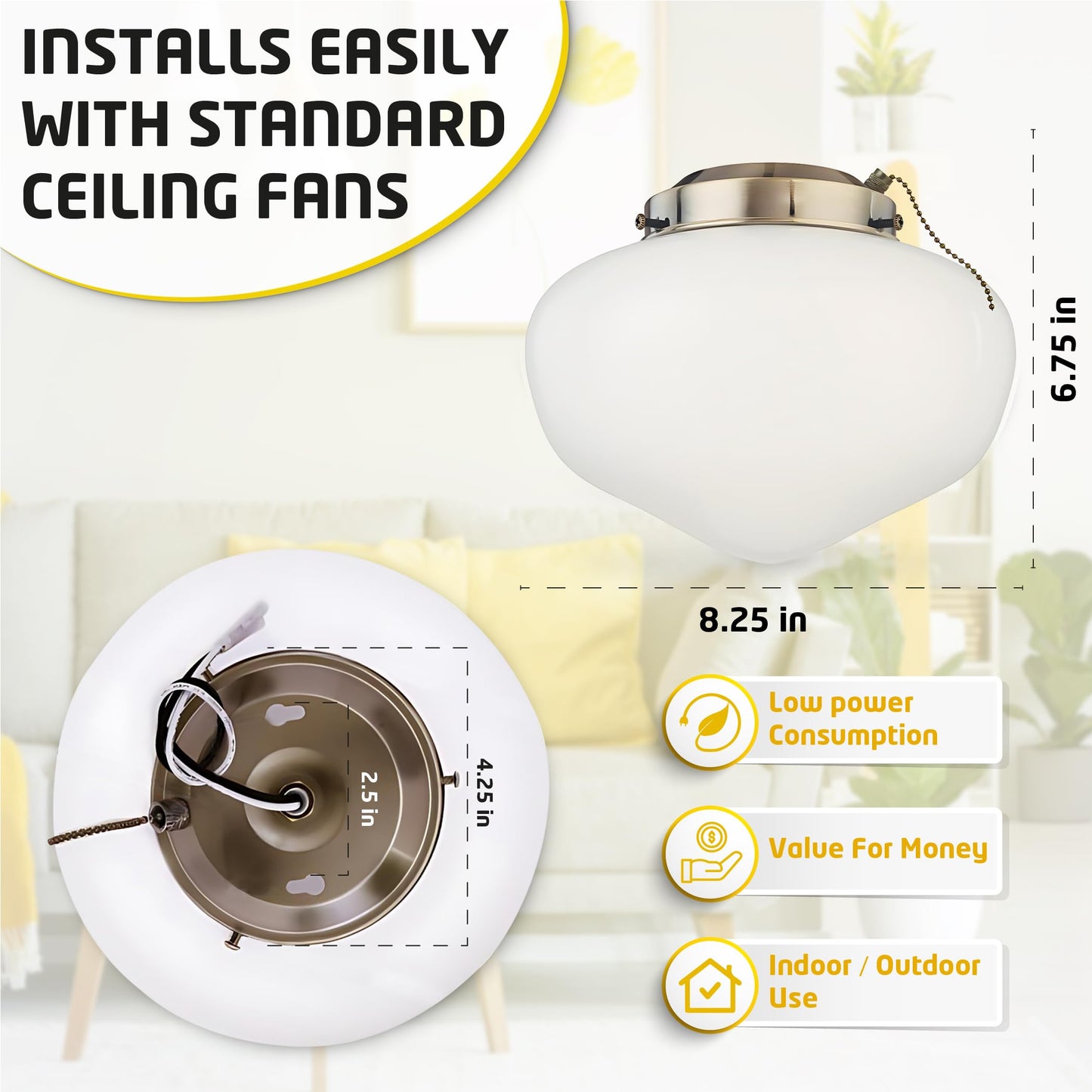 Ciata Schoolhouse Ceiling Fan Light Fixture Kit with White, Round Opal Glass Shade, Antique Brass Finish, Energy Efficient LED Bulb for Living Room or