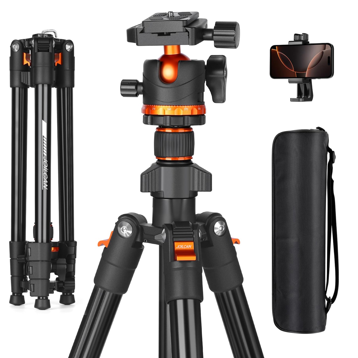 JOILCAN 66" Camera Tripod, Travel Tripod for Camera with 360° Ball Head & Phone Holder, Lightweight Compact Tripod for DSLR/Smartphone Photography