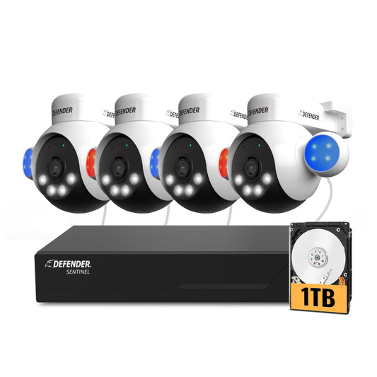 Defender AI Powered Sentinel 4K Wired Security Camera System, 360° PTZ Security Camera System with AI Tracking, Smart Human Detection, Blue-Red Light