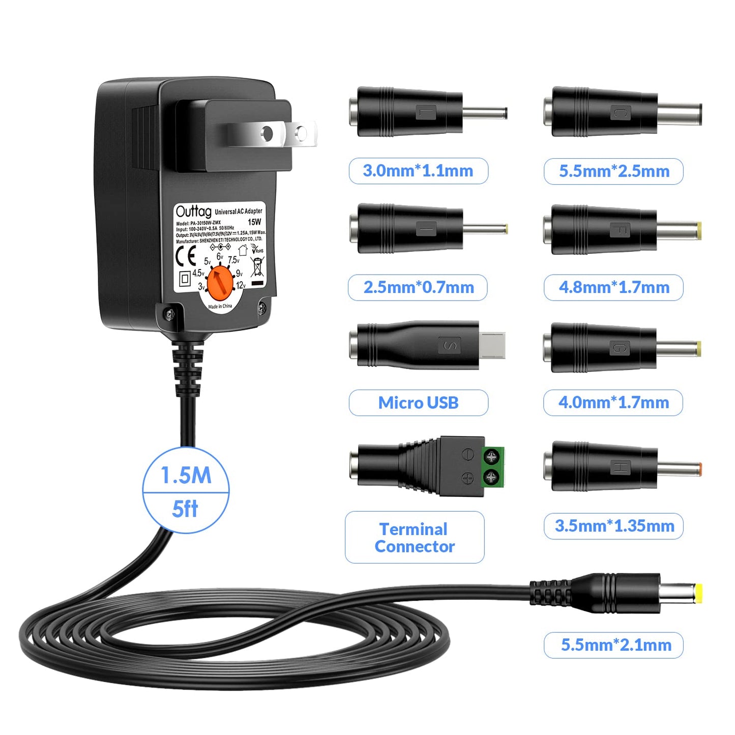 15W Universal AC Adapter 3V 4.5V 5V 6V 7.5V 9V 12V 0.5A 1A 1.25A Multi Voltage Switching Adapter Replacement for Household Electronics Routers CCTV…