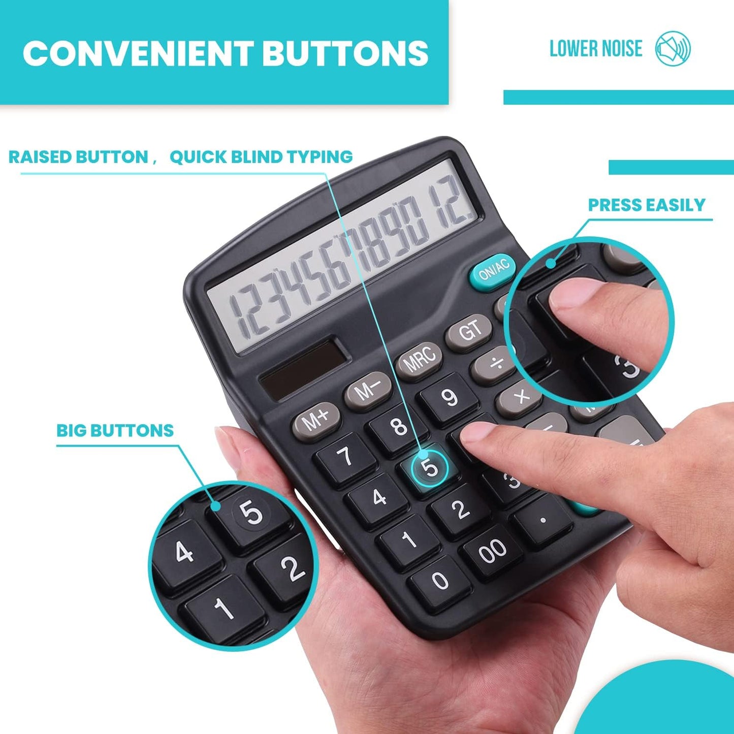 LICHAMP Desk Calculators with Big Buttons and Large Display, Office Desktop Calculator Basic 12 Digit with Solar Power and AA Battery (Included), 6